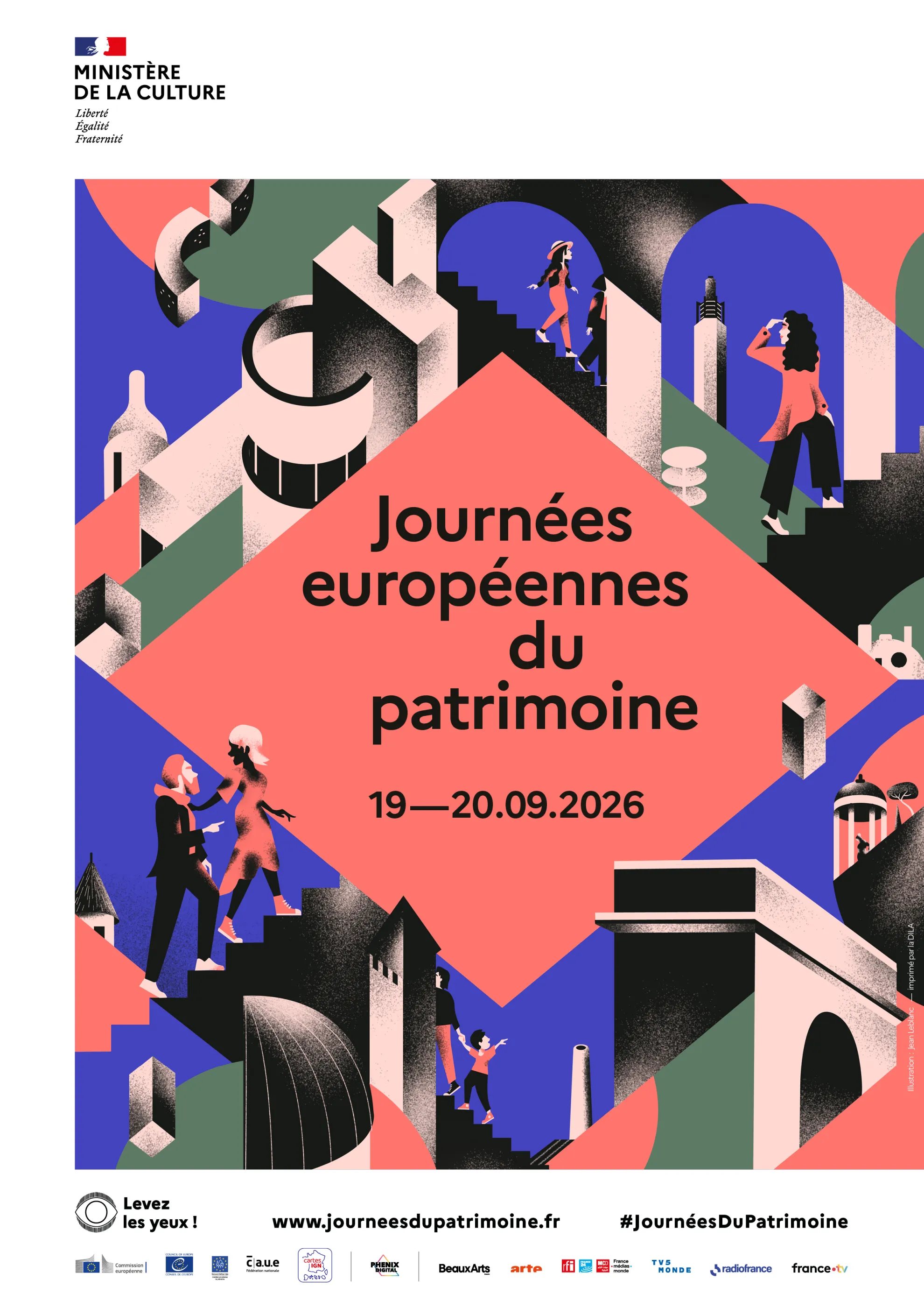 JEP 2026 : Affiche officielle des Journées du Patrimoine 2026 avec personnages sur fond coloré.