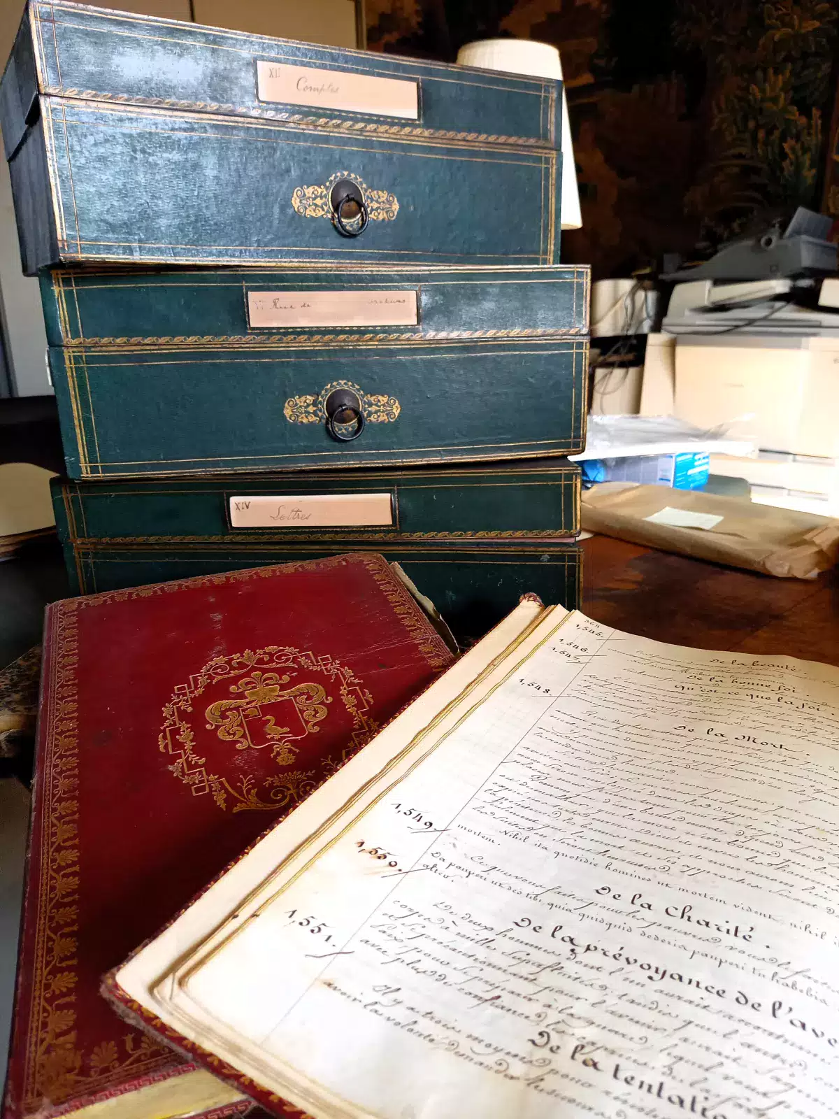 archives familiales contenues dans deux boîtes anciennes recouvertes de cuir vert, et au premier plan, deux registres reliés en cuir rouge