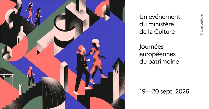 JEP 2026 : Affiche officielle des Journées du Patrimoine 2026 avec personnages sur fond coloré.